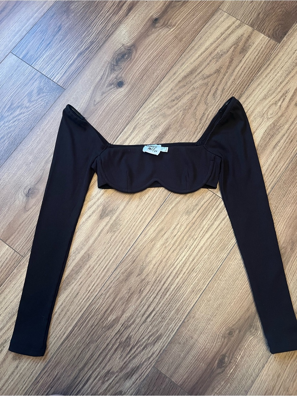 Princess Polly Becca Black Ribbed Underwire Long Sleeve Crop Top Size 2 US